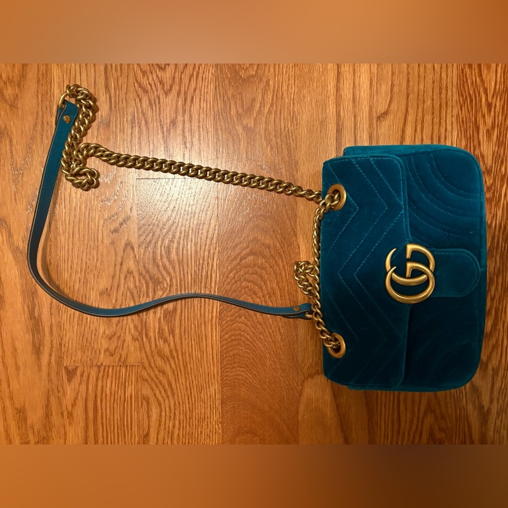 Gucci Turquoise Velvet Bag with Pink Interior